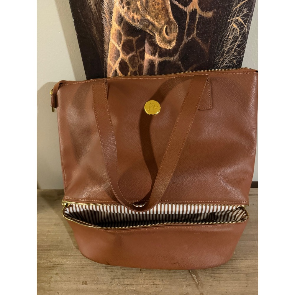 Joy Mangano Cognac Brown Pebbled Leather Tote Bag with Bottom Compartment